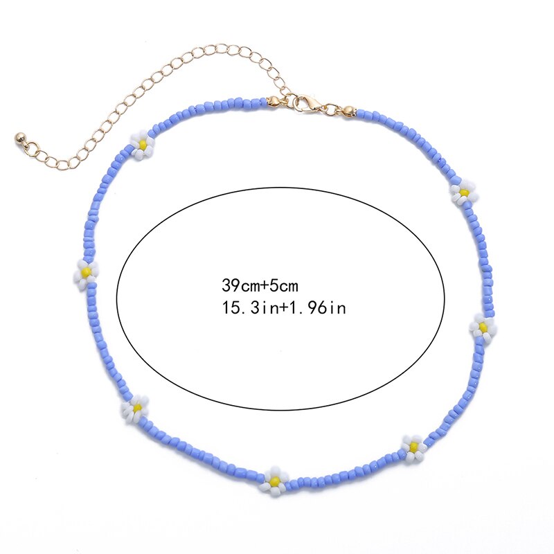 Bohemian White And BlueSeed Bead Flower Choker Necklace
