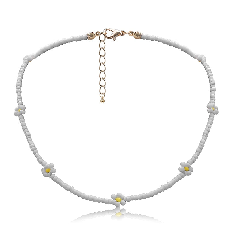 Bohemian White And BlueSeed Bead Flower Choker Necklace
