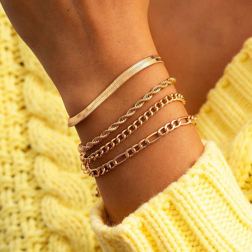 Girls Fashion Gold Color Rope Chain Herringbone Link Bracelet