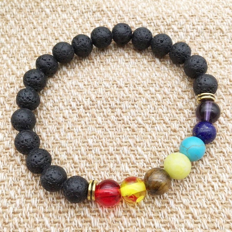 Black Lava Rock- 7 Chakra  Balance Bracelet