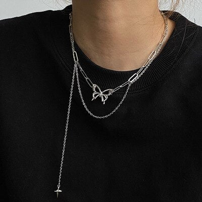 Personality Hip Hop Metal Cross Pendant Silver Color Chain Necklace