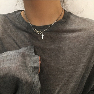 Personality Hip Hop Metal Cross Pendant Silver Color Chain Necklace