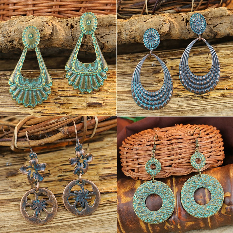 Women Alloy Crystal Ethnic Beads Boho Flower Earrings