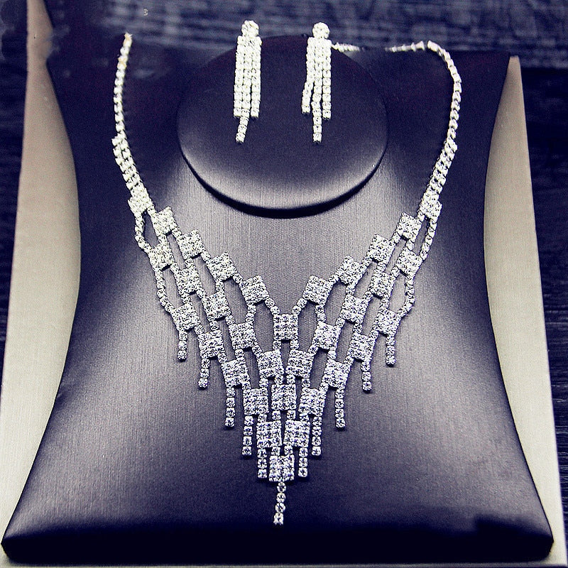 Shine Geometric Rhinestone Necklace Earrings Jewelry Sets