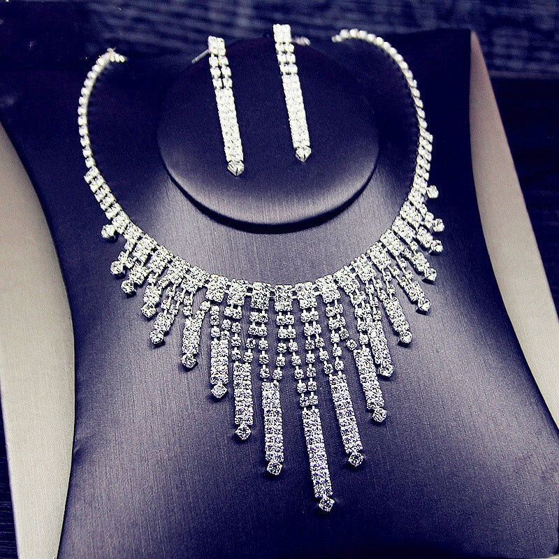 Shine Geometric Rhinestone Necklace Earrings Jewelry Sets