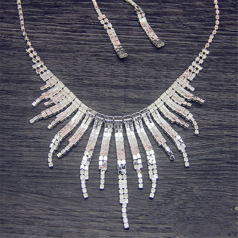 Shine Geometric Rhinestone Necklace Earrings Jewelry Sets