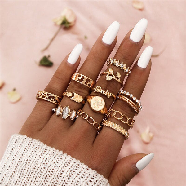 12pcs/set Gold Color Bohemia Wedding Rings Set