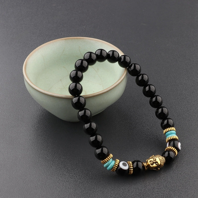 8mm Elastic Round Bright Black Stone Chakra Bracelets