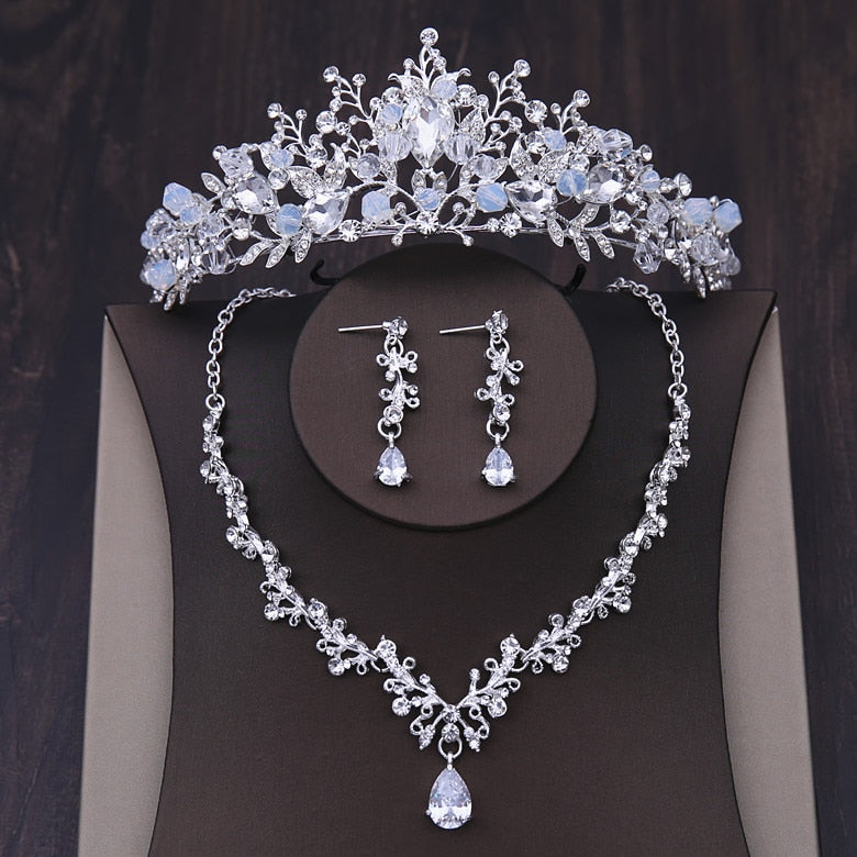 Rhinestone Crown Tiara Choker Necklace Earrings Jewelry Set