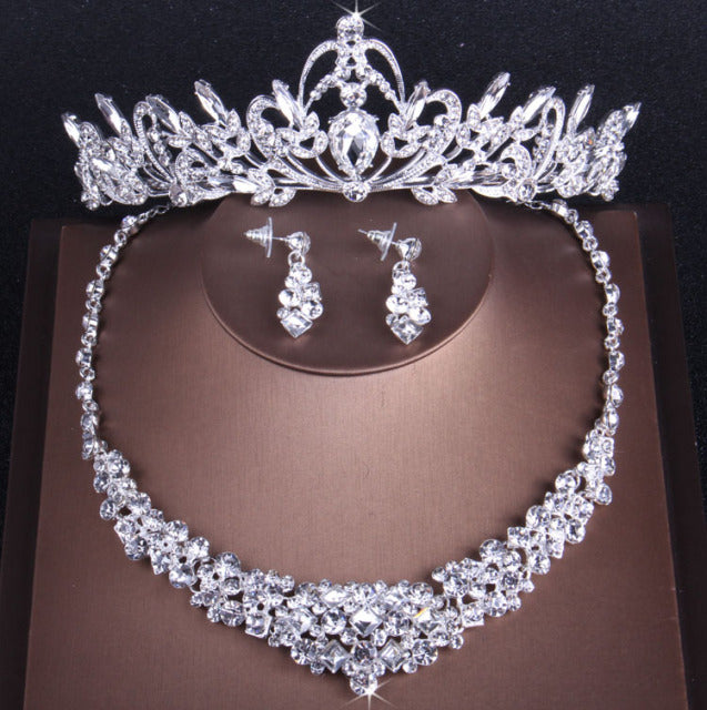 Rhinestone Tiaras Crown Necklace Earrings Wedding African Beads Jewelry Set