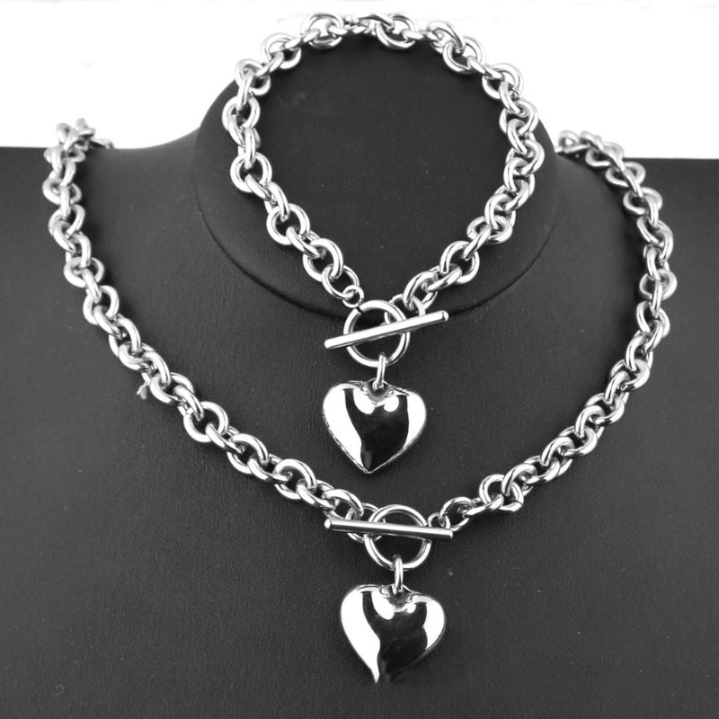 Women Stainless Steel Chain Heart Toggle Bracelet Necklace Jewelry Set