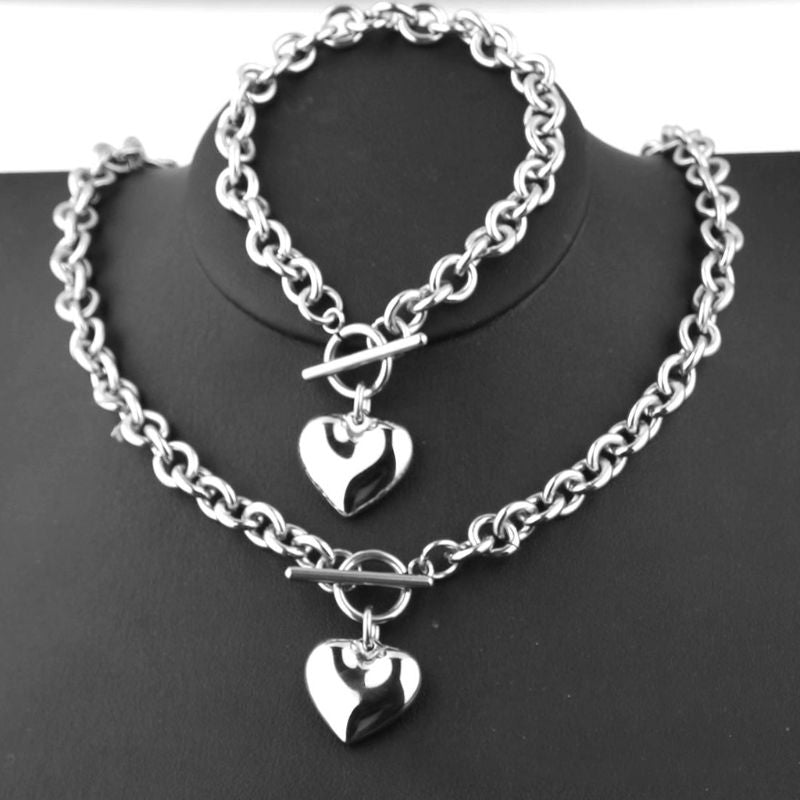 Women Stainless Steel Chain Heart Toggle Bracelet Necklace Jewelry Set