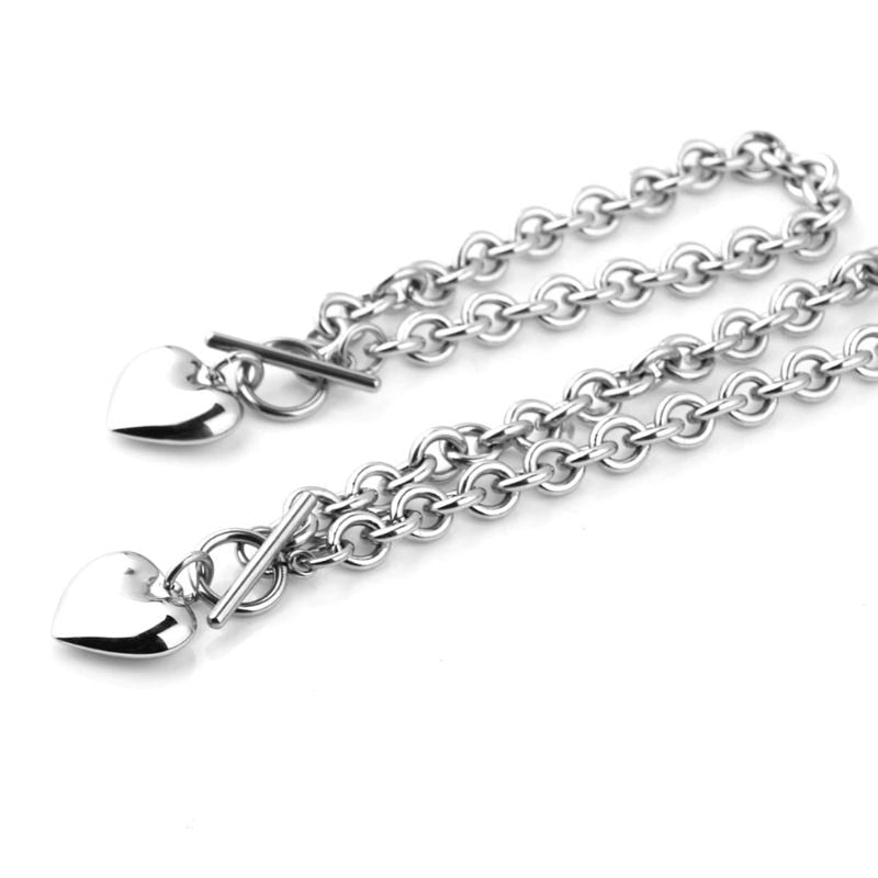 Women Stainless Steel Chain Heart Toggle Bracelet Necklace Jewelry Set