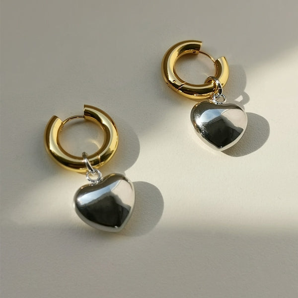 Gold Silver Color Mixed Solid Heart Pendant Hoop Earrings