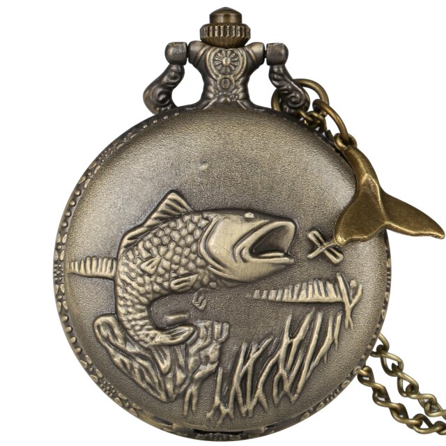 Vivid Fishing Carving Design Quartz Pocket Watch