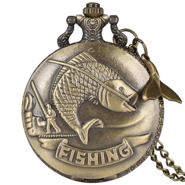 Vivid Fishing Carving Design Quartz Pocket Watch