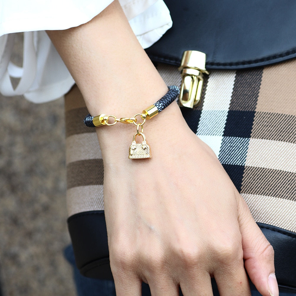Brown Leather Gold Alloy Cute Love Bag Pendant Women Bracelets