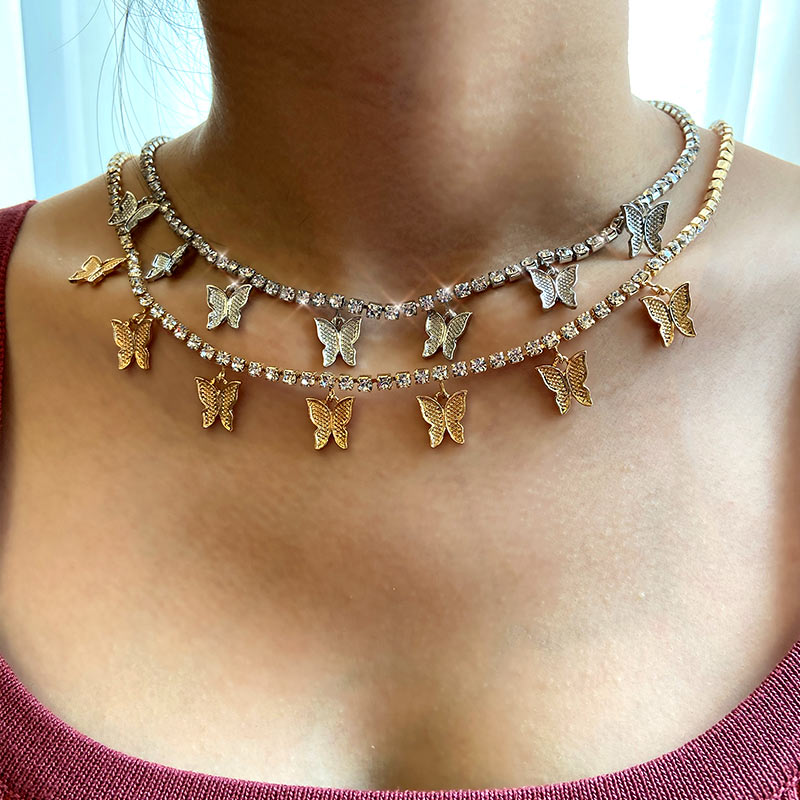 Shining Crystal Tennis Butterfly Choker Necklaces