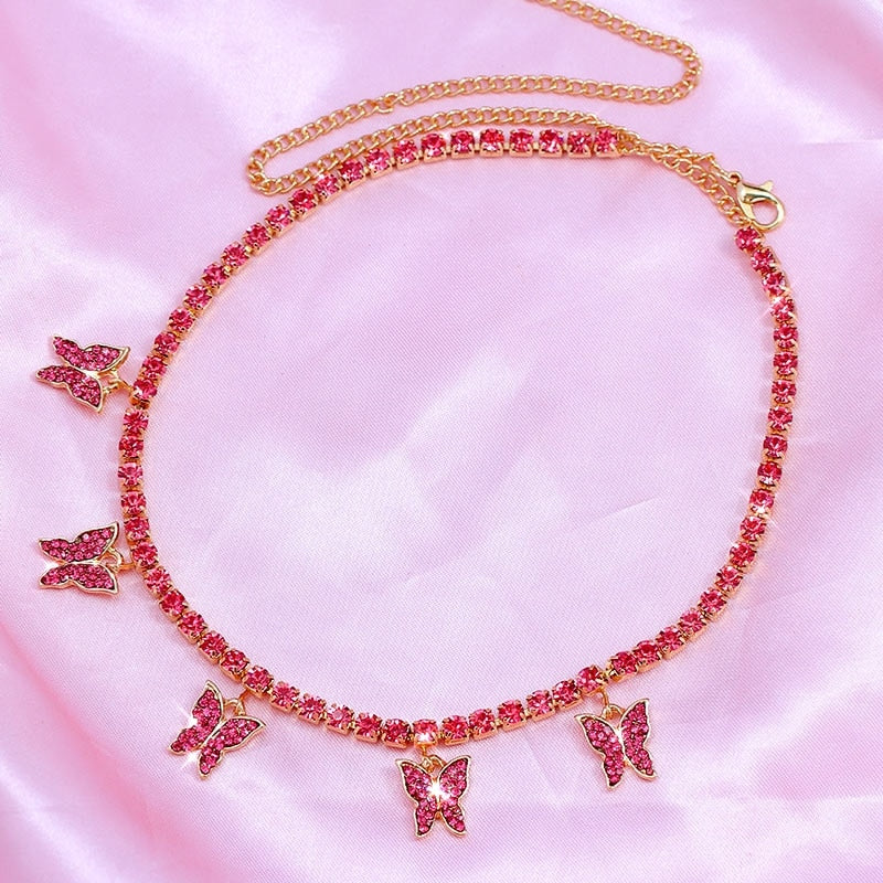 Shining Crystal Tennis Butterfly Choker Necklaces