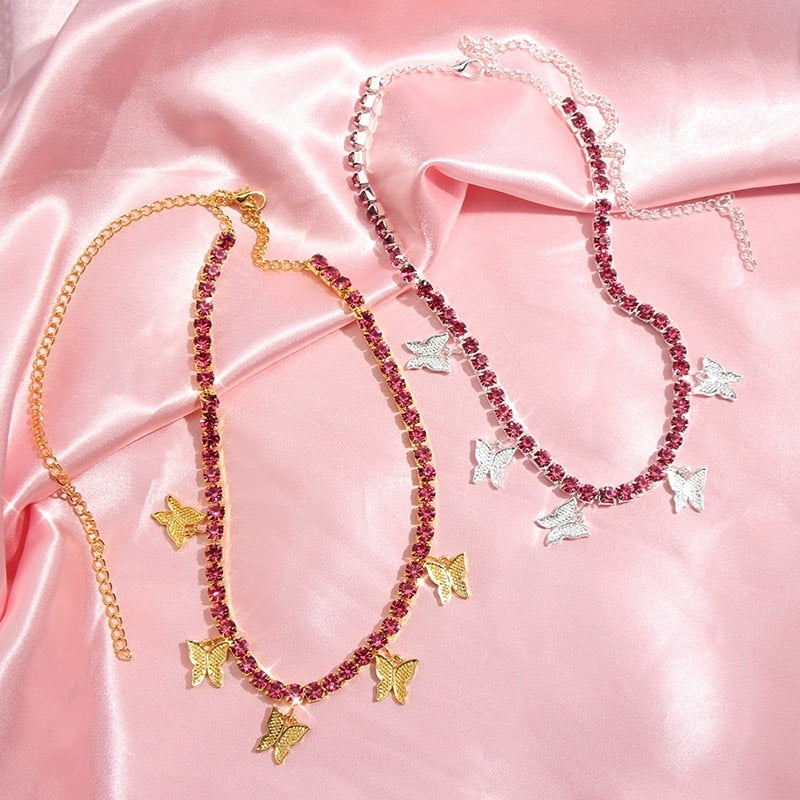 Shining Crystal Tennis Butterfly Choker Necklaces