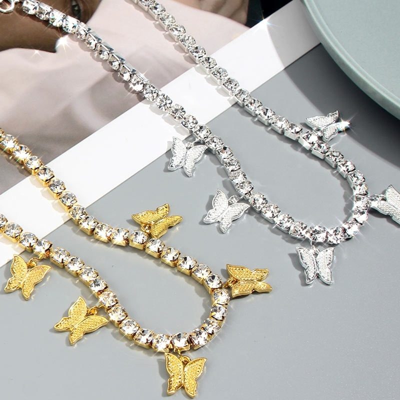 Shining Crystal Tennis Butterfly Choker Necklaces