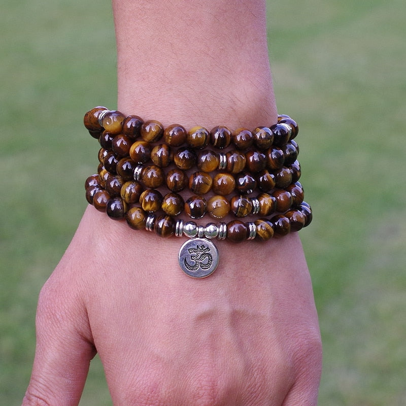 8mm Tiger Eye Stone Beads Tibetan OM Strand Bracelet