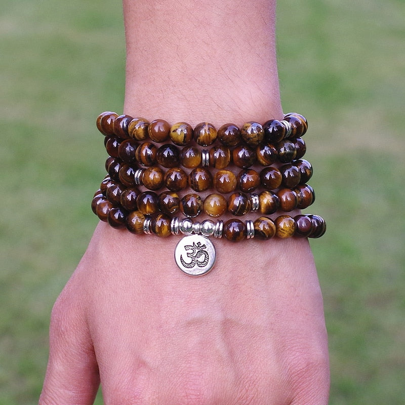 8mm Tiger Eye Stone Beads Tibetan OM Strand Bracelet