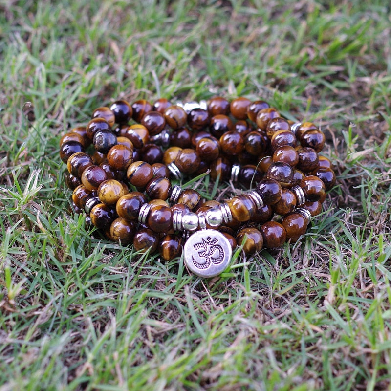 8mm Tiger Eye Stone Beads Tibetan OM Strand Bracelet
