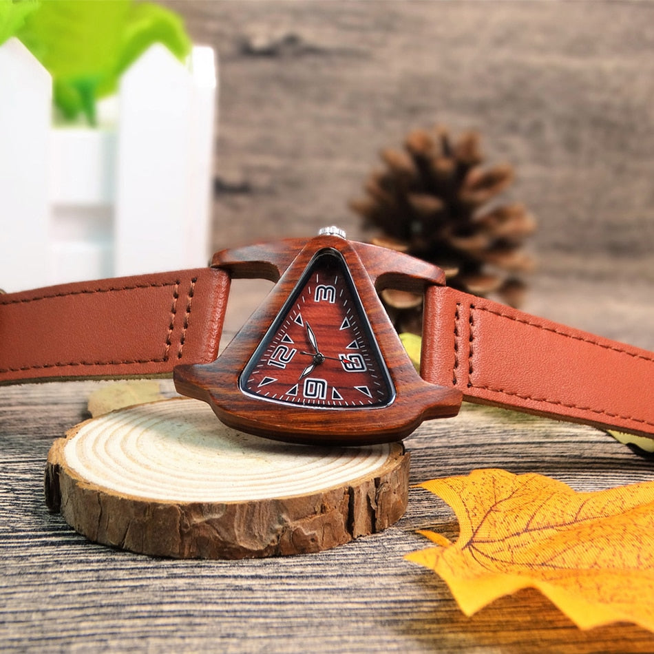 Black Ladies Quartz Watches Female Bamboo Leather Wristwatch