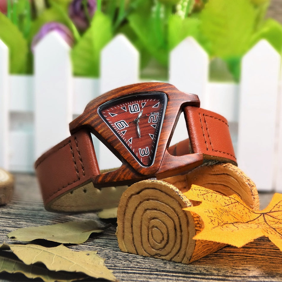 Black Ladies Quartz Watches Female Bamboo Leather Wristwatch