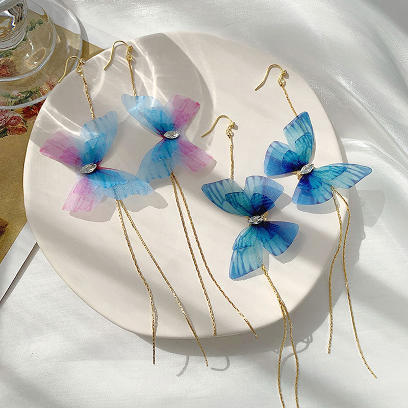 New Trendy Long Tassel Transparent Yarn Blue Purple Butterfly Earring