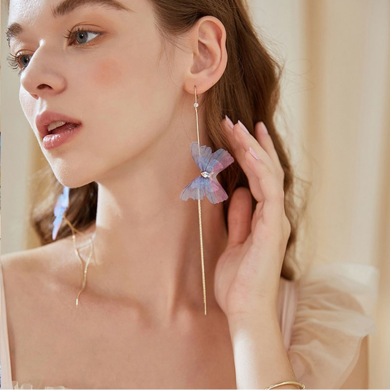 New Trendy Long Tassel Transparent Yarn Blue Purple Butterfly Earring
