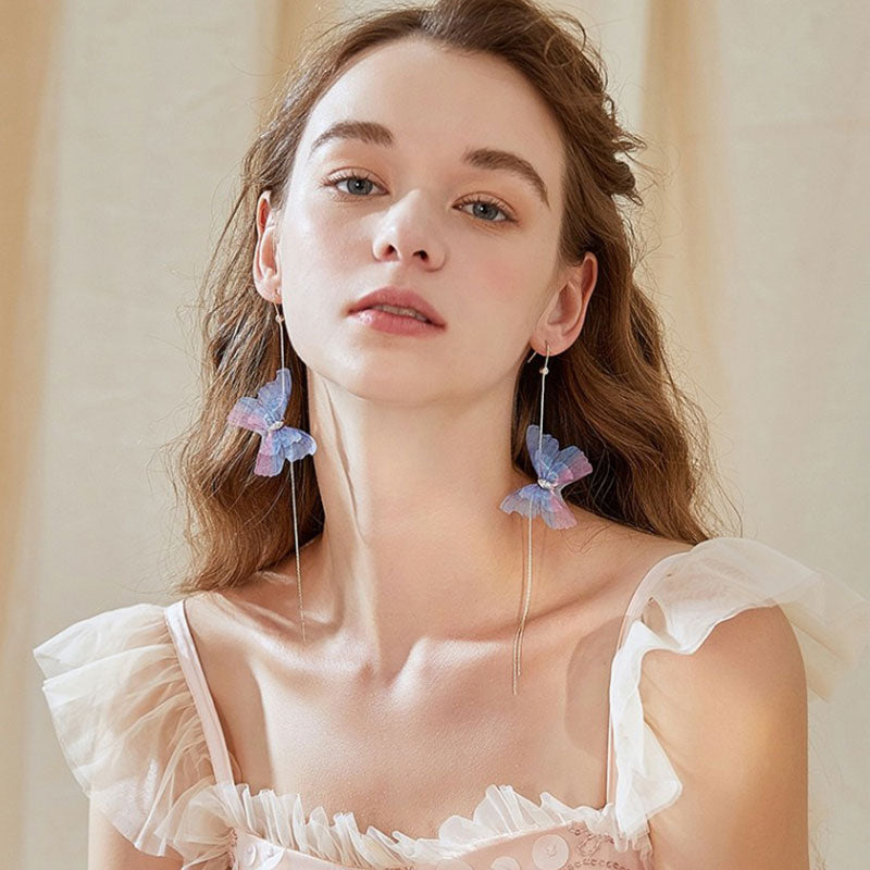 New Trendy Long Tassel Transparent Yarn Blue Purple Butterfly Earring