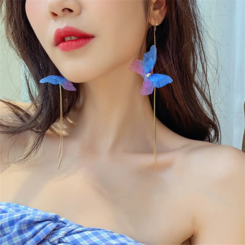 New Trendy Long Tassel Transparent Yarn Blue Purple Butterfly Earring