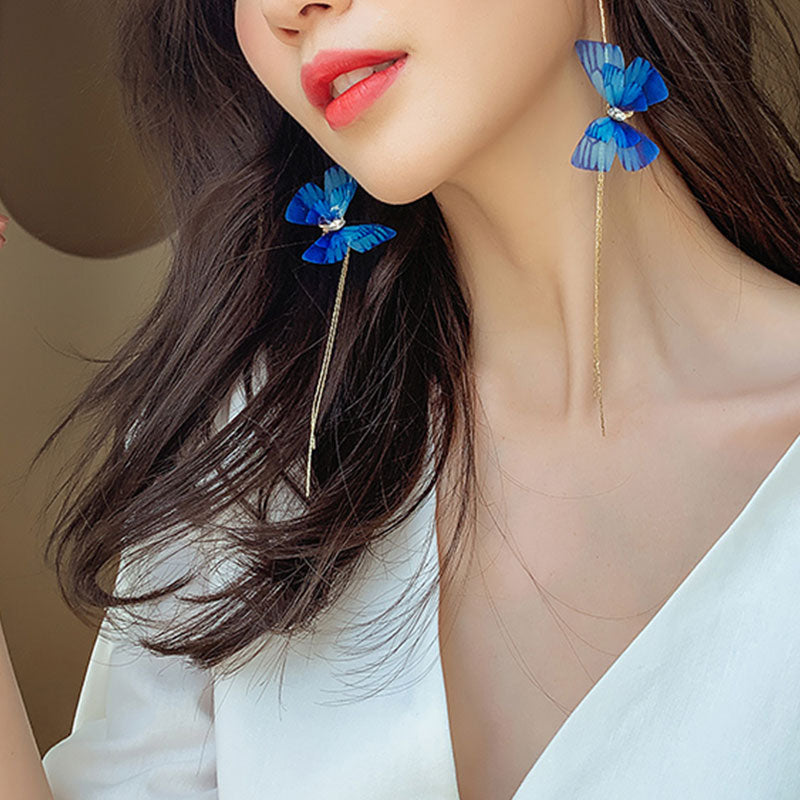 New Trendy Long Tassel Transparent Yarn Blue Purple Butterfly Earring