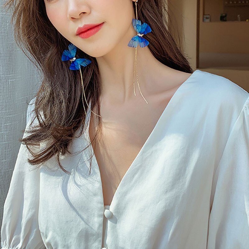 New Trendy Long Tassel Transparent Yarn Blue Purple Butterfly Earring