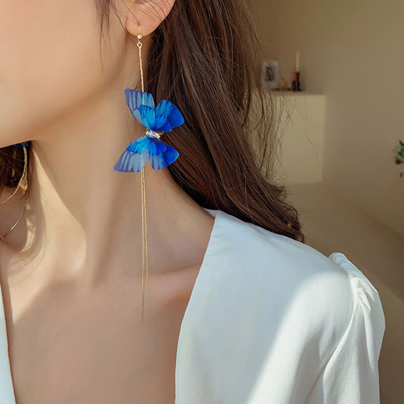 New Trendy Long Tassel Transparent Yarn Blue Purple Butterfly Earring