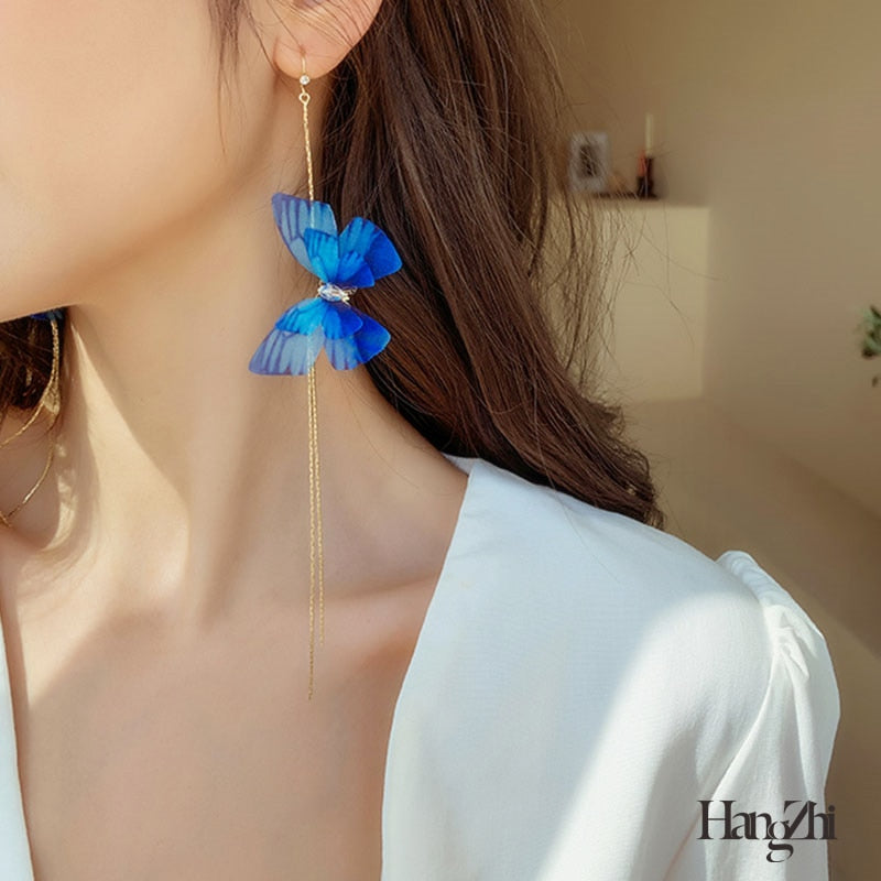 New Trendy Long Tassel Transparent Yarn Blue Purple Butterfly Earring