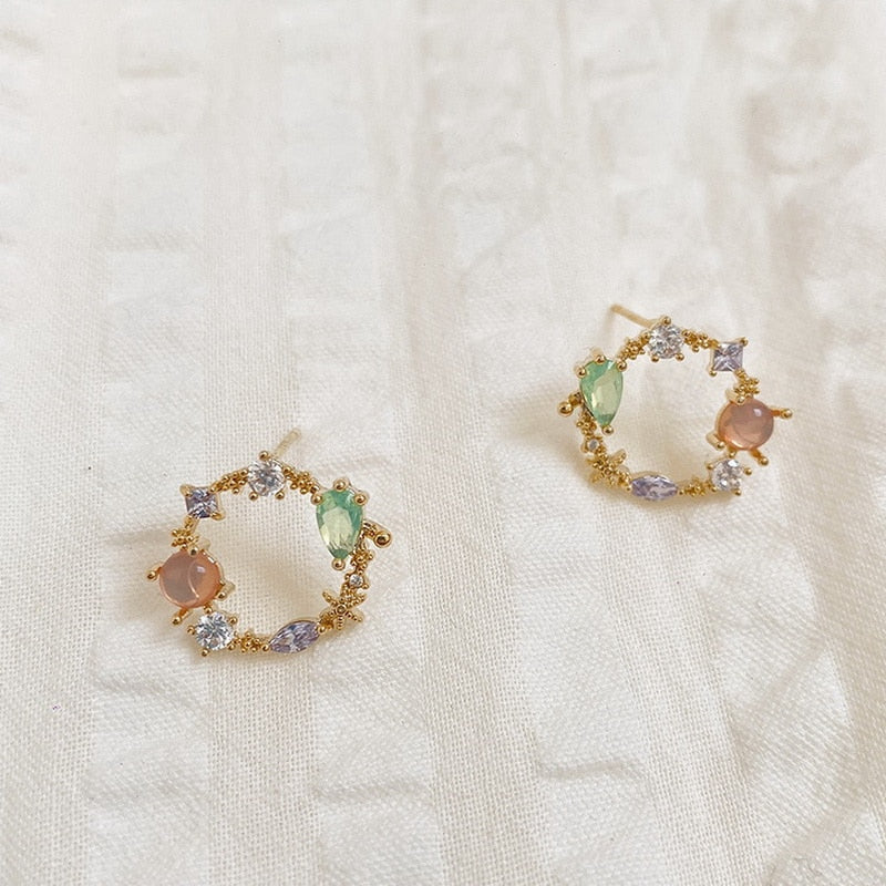 New Arrival Classic Round Pink Green Crystal Stud Earrings