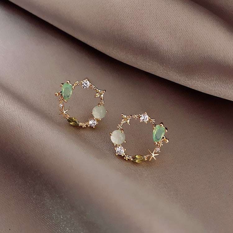 New Arrival Classic Round Pink Green Crystal Stud Earrings