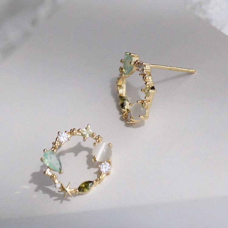 New Arrival Classic Round Pink Green Crystal Stud Earrings