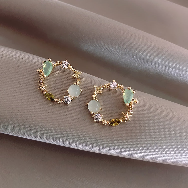 New Arrival Classic Round Pink Green Crystal Stud Earrings