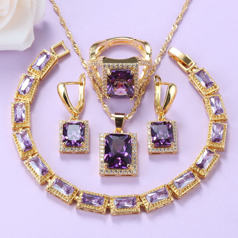Purple Crystal NecklaceAnd Earrings Bracelet Sets
