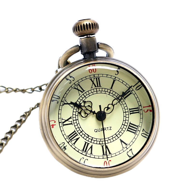 Bronze Roman Pocket Watch Antique Numerals Chain Necklace Pendant