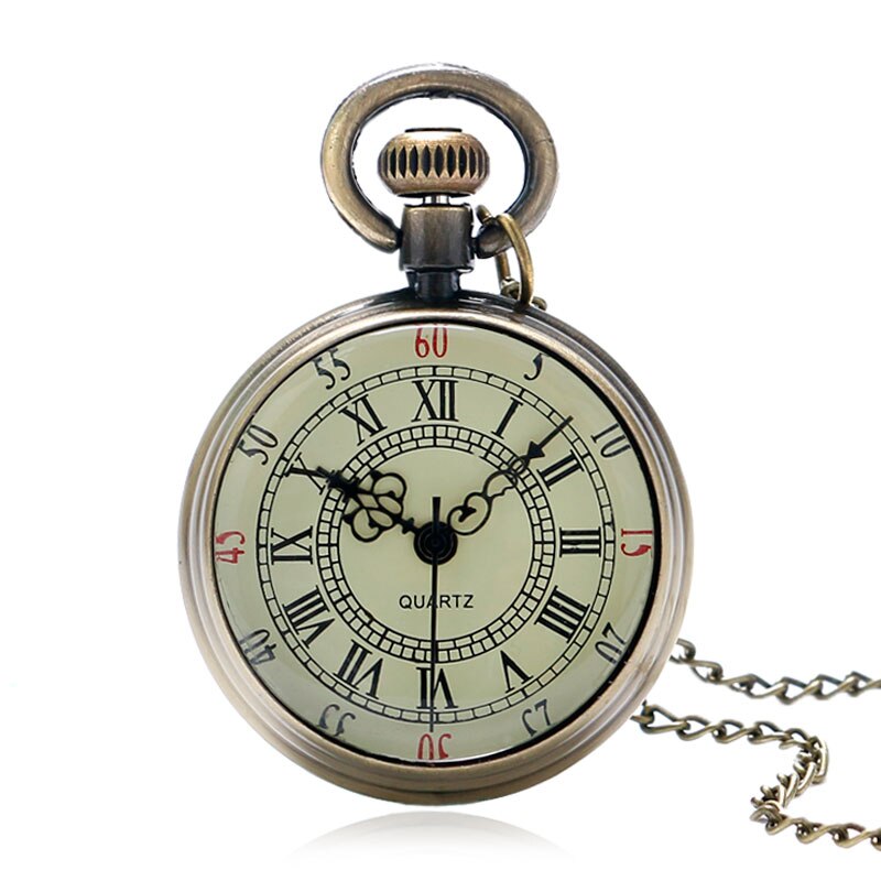 Bronze Roman Pocket Watch Antique Numerals Chain Necklace Pendant