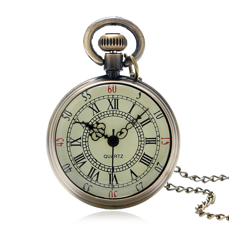 Bronze Roman Pocket Watch Antique Numerals Chain Necklace Pendant