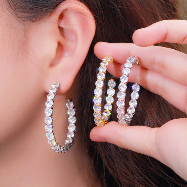 Luminous White Round Cut CZ Crystal Big Half Hoop Earrings
