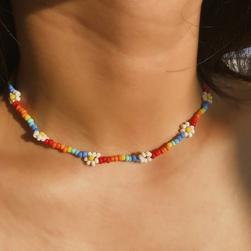 Bohemian White And BlueSeed Bead Flower Choker Necklace