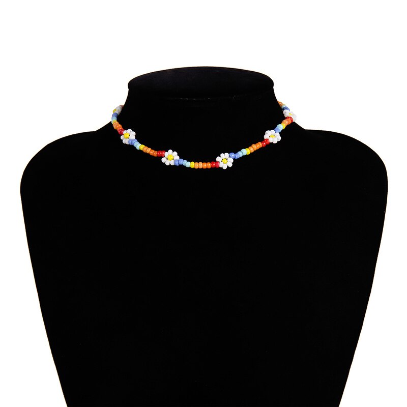 Bohemian White And BlueSeed Bead Flower Choker Necklace