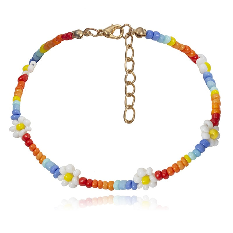 Bohemian White And BlueSeed Bead Flower Choker Necklace